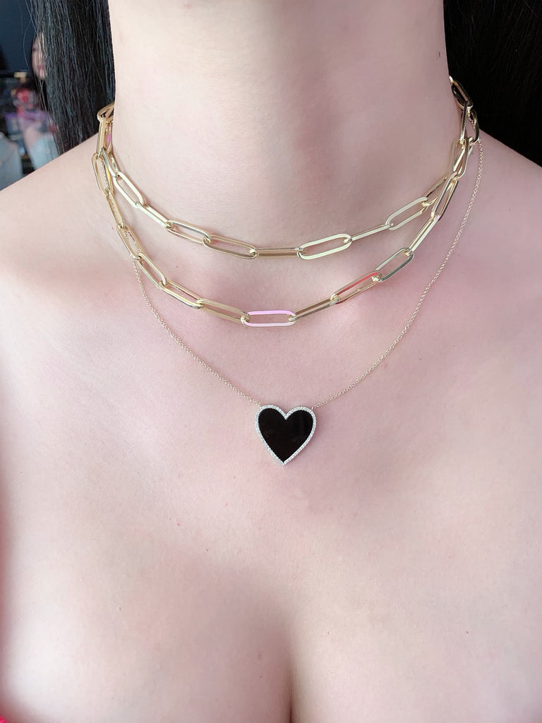 Black Onyx Heart Necklace with Diamonds Ball Chain