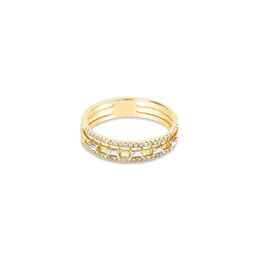 Baguette and Pave Diamond Triple Row Ring